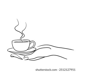Café con el dibujo continuo del arte de la línea de la mano aislado en el fondo blanco. Marco de café. Ilustración vectorial