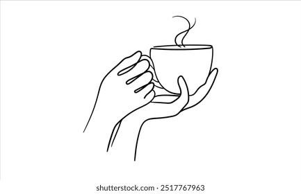 Coffee with hand continuous line art drawing isolated on white background. Coffee frame. Vector illustration
