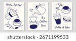 Coffee hand drawn background poster set. Hand drawn beverage collection of coffee menu, espresso, kettle, croissant, sandwich Vector illustration for print, wallpaper, restaurant, cafe, sticker.