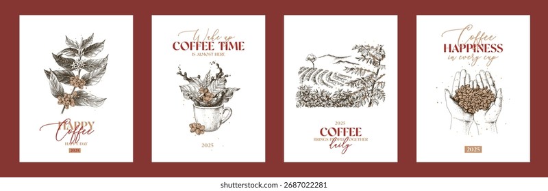 Conjunto de tarjetas dibujadas a mano de café