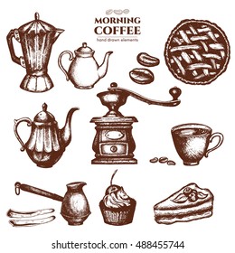 Coffee hand drawn collection. Background restaurant or cafe menu Vintage coffee and pastry illustration 