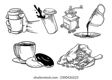 Coffee hand drawn collection with coffee beans, cups, grinders and others