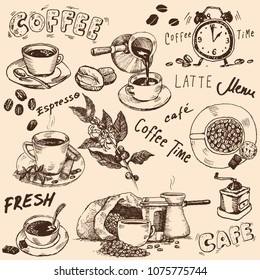Coffee Hand Drawn Collection, Vector Sketch Illustration With Cups of Coffee, Coffee Beans, Lettering, Grinder, coffee tree branch, Cinnamon, Turk, Watch