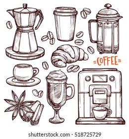 Coffee Hand Drawn Collection. Vector Sketch Illustration Set With Coffee Maker, Kettle, Cups, Croissant, Latte, Cinnamon, Star Anise, Coffee Beans