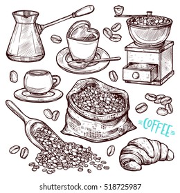 Coffee Hand Drawn Collection. Vector Sketch Illustration Set With Turk, Cups, Coffee Bag With Beans, Croissant, Coffee Mill