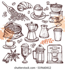 Coffee Hand Drawn Collection. Vector Sketch Illustration Set With Turk, Cups, Coffee Bag With Beans, Croissant, Coffee Mill,Coffee Maker, Kettle, Cups, Latte, Cinnamon, Star Anise