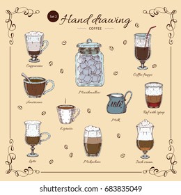 Coffee hand drawn colored set with decorative frame beverages in different glasses and cups isolated vector illustration