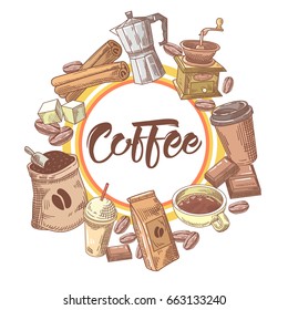Coffee Hand Drawn Design with Beans, Sugar and Chocolate. Food and Drink. Vector illustration