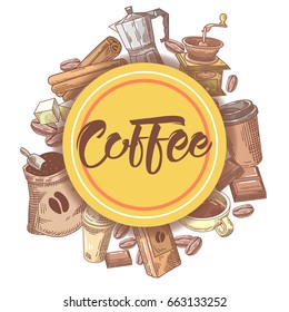 Coffee Hand Drawn Design with Beans, Sugar and Pot. Food and Drink. Vector illustration