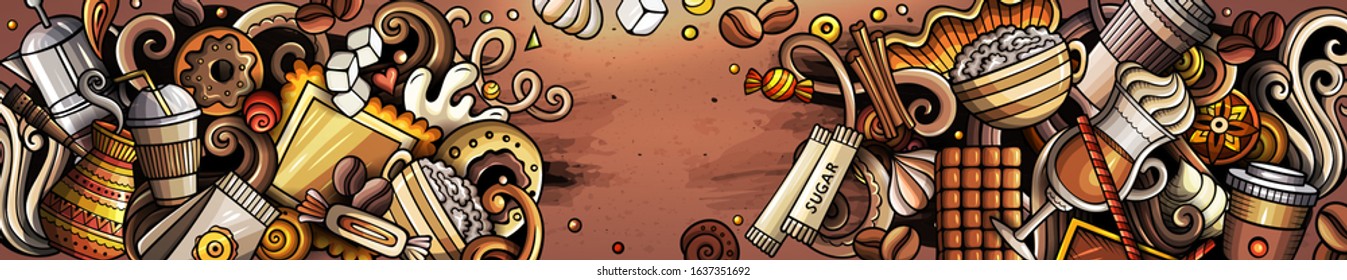 Coffee hand drawn doodle banner. Cartoon detailed flyer. Drinks identity with objects and symbols. Color vector design elements background