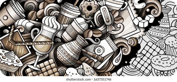 Coffee hand drawn doodle banner. Cartoon detailed flyer. Drinks identity with objects and symbols. Monochrome vector design elements background