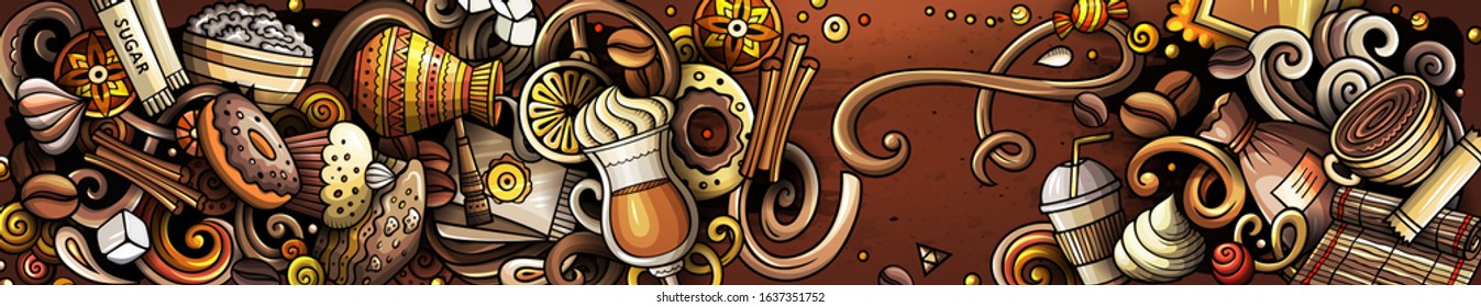 Coffee hand drawn doodle banner. Cartoon detailed flyer. Drinks identity with objects and symbols. Color vector design elements background