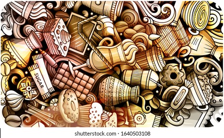 Coffee hand drawn doodle banner. Cartoon detailed flyer. Drinks identity with objects and symbols. Watercolor vector design elements background
