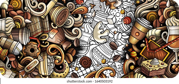 Coffee hand drawn doodle banner. Cartoon detailed flyer. Drinks identity with objects and symbols. Color vector design elements background