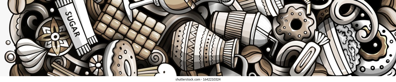 Coffee hand drawn doodle banner. Cartoon detailed flyer. Drinks identity with objects and symbols. Monochrome vector design elements background