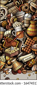 Coffee hand drawn doodle banner. Cartoon detailed flyer. Drinks identity with objects and symbols. Color vector design elements background
