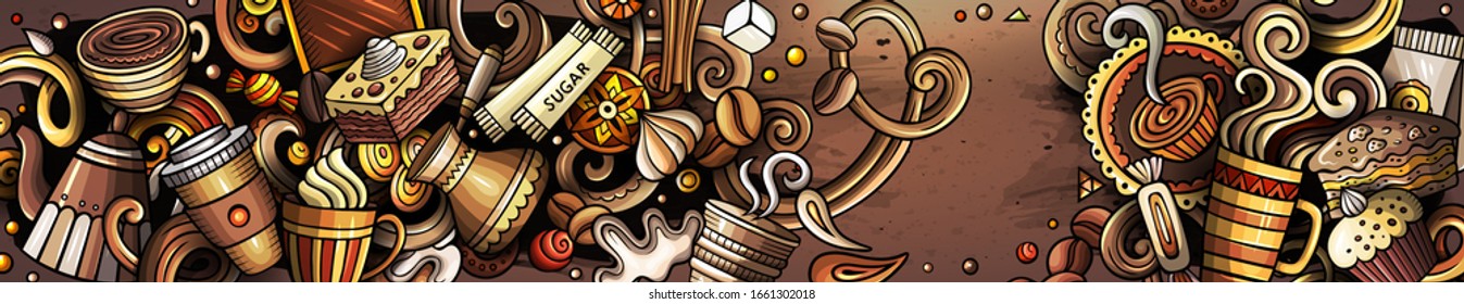 Coffee hand drawn doodle banner. Cartoon detailed flyer. Drinks identity with objects and symbols. Color vector design elements background