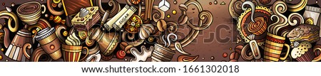 Coffee hand drawn doodle banner. Cartoon detailed flyer. Drinks identity with objects and symbols. Color vector design elements background