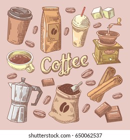Coffee Hand Drawn Doodle with Beans, Sugar and Chocolate. Vector illustration