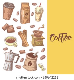 Coffee Hand Drawn Doodle with Beans, Sugar and Chocolate. Food and Drink. Vector illustration
