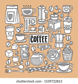 Coffee Hand Drawn Doodle Coloring Vector [Brown]