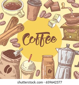 Coffee Hand Drawn Doodle with Cup, Sugar and Chocolate. Food and Drink. Vector illustration