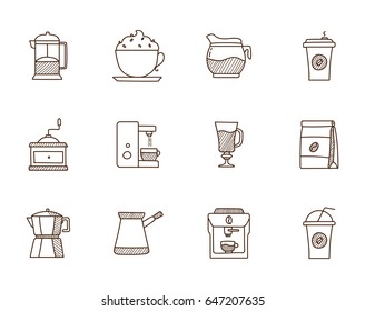 Coffee hand drawn doodle icons set.