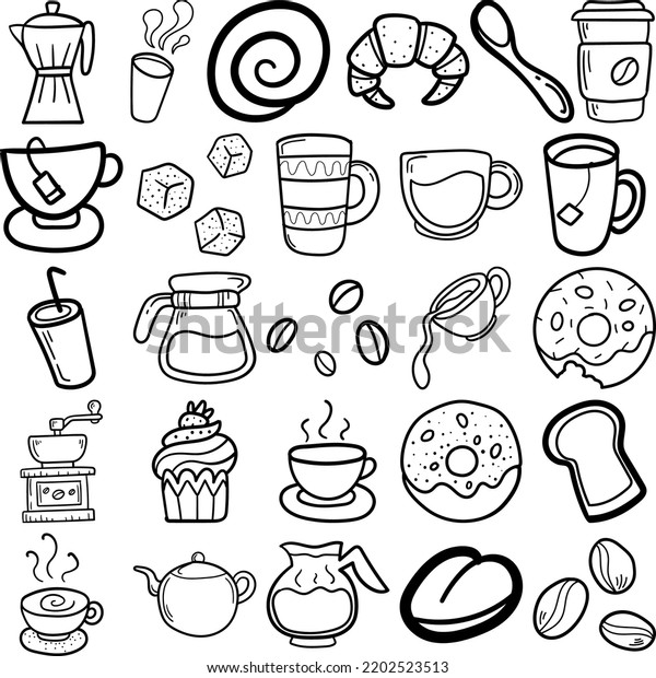 Coffee Hand Drawn Doodle Line Art Outline Set\
Containing caffeine, cappuccino, espresso, brew, decaf, decoction,\
demitasse, ink, java, mocha, mud, perk, sugar, donut, cup cake,\
spoon, bread
