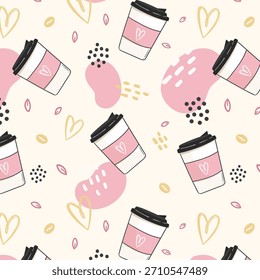Café dibujado a mano doodle patrón sin fisuras para el embalaje, textil, impresión. Fondo de doodle moderno con té y café.