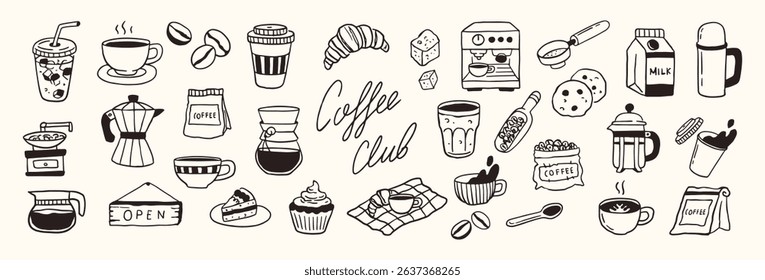 Coffee hand drawn doodle sketch set vector illustration. Morning breakfast, milk, dessert, croissant, machine, menu icons collection.