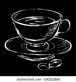 Coffee. Hand drawn graphic illustration with cup of coffee on black board background