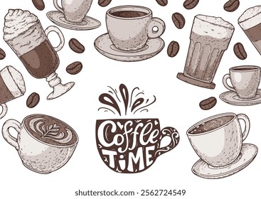 Coffee hand drawn illustration. Coffee menu design elements. Vector illustration. Cups of coffee