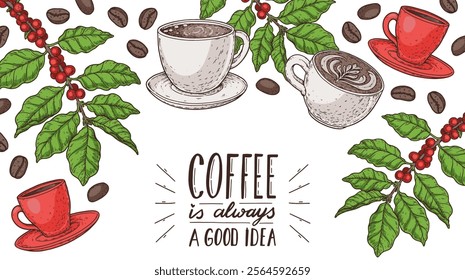 Coffee hand drawn illustration. Coffee menu design elements. Vector illustration. Cups of coffee	