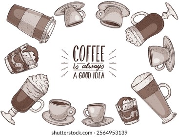 Coffee hand drawn illustration. Coffee menu design elements. Vector illustration. Cups of coffee	