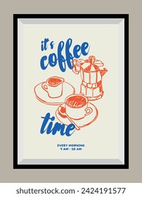 Coffee hand drawn illustration in a poster frame for wall art gallery