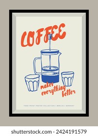 Coffee hand drawn illustration in a poster frame for wall art gallery