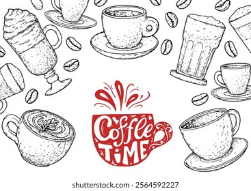Coffee hand drawn illustration. Coffee sketch, menu design elements. Vector illustration. Cups of coffee	