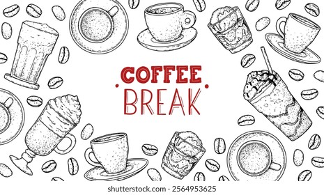 Coffee hand drawn illustration. Coffee sketch, menu design elements. Vector illustration. Cups of coffee	