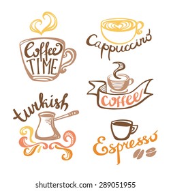 Coffee hand drawn Labels. Logo template collection. Vector icons.
