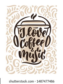 Coffee hand drawn lettering composition and clipart element for logos, posters, templates, postcard, banner, etc. Print logo doodle on cup, bag, shirt. Typography phrase eps10