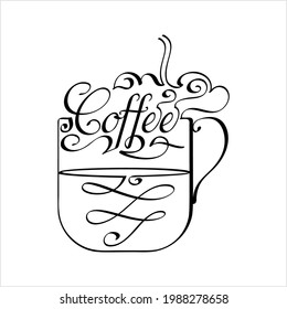 Coffee Hand Drawn Pen Ink Style, Coffee Word Handwritten Vector Art Illustration