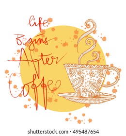Coffee Hand Drawn Poster With Lettering. Life Begins After Coffee. 