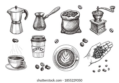 Coffee hand drawn. Hand with roasted beans sketch. Espresso, cappucchino cap, Coffee mill, sack, Engraved vintage vector set for cafe, restaurant set.