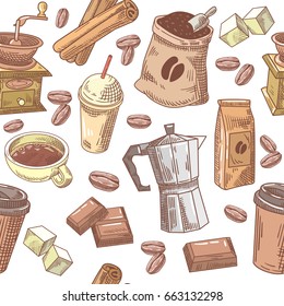Coffee Hand Drawn Seamless Background with Beans, Sugar and Chocolate. Vector pattern