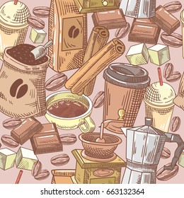 Coffee Hand Drawn Seamless Background with Beans, Sugar and Chocolate. Food and Drink. Vector pattern
