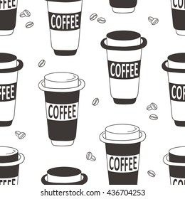 Coffee hand drawn seamless pattern. Doodle set of coffee cup. Cartoon background vector