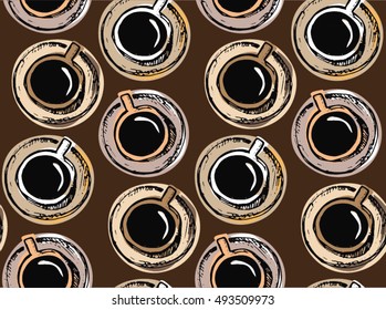 Coffee hand drawn seamless pattern. Vector background with cup of coffee.