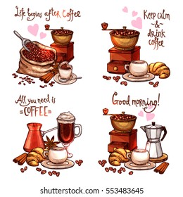 Coffee Hand Drawn Set. Four Color Coffee Still Lifes With Lettering In Sketch Style