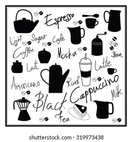 Coffee Hand drawn text lettering and Icon Vector