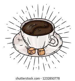 Сup of coffee. Hand drawn vector illustration with Cup of coffee. Used for poster, banner, t-shirt print, bag print, badges and logo design